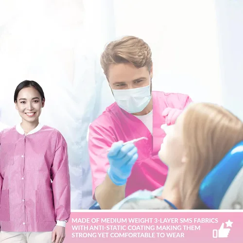 Miniatura 55 de Paquete de 10 chaquetas desechables de laboratorio, chaqueta médica reutilizable hasta la cadera, unisex, con puños de punto y bolsillos