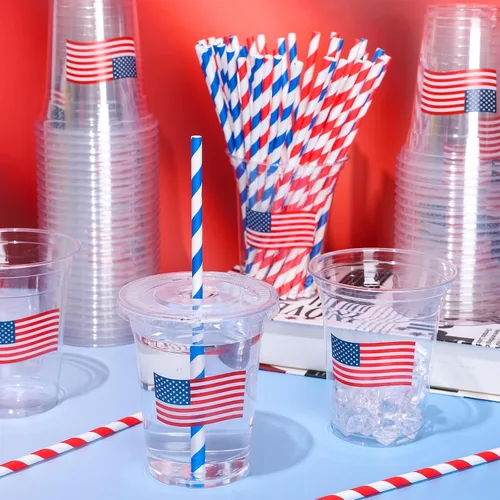 Miniatura 4 de Whaline 50 vasos de plástico desechables patrióticos de 12 onzas con tapas y pajitas con la bandera estadounidense del 4 de julio, vasos