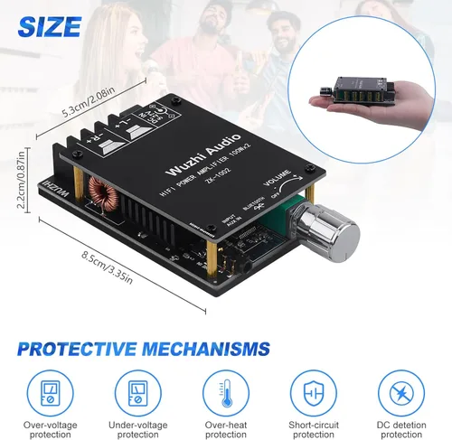 Miniatura 7 de ZK-1002 Placa de amplificador de audio Bluetooth 5.0, mini amplificador de potencia HiFi de 100 W x 2 de 2.0 canales con control de volumen, Negro4