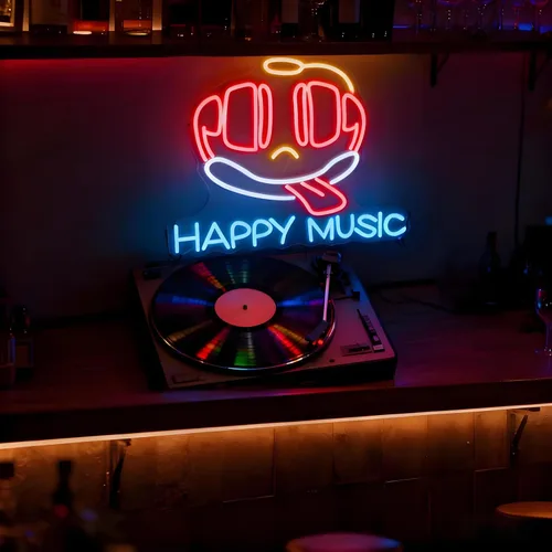 Miniatura 4 de Letrero de neón con texto en inglés «Happy Music» para decoración de pared, letras iluminadas para negocios, letreros de fiesta de cumpleaños