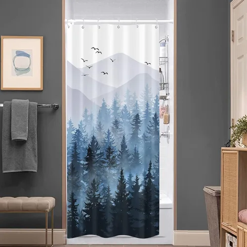 Miniatura 4 de Accnicc Stall - Juego de cortinas de ducha pequeñas de bosque brumoso azul degradado, montaña, pino, cortinas de ducha de tela impermeable