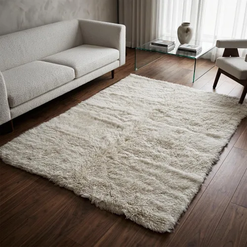 Alfombras flokati elegantes de bajo perfil, todo el grosor con un pelo más bajo, 100% lana orgánica, alfombra lanuda de lana natural blanquecina (3