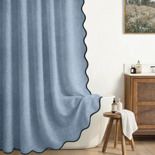 Miniatura 14 de Cortina de Ducha de Lino Beige Bonita Negra Festoneada Boho Moderna Cortinas de Ducha para Baño Juego, 48" W x 72" L