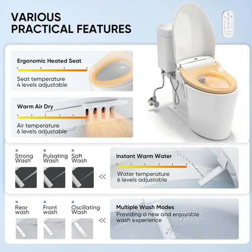 Miniatura 2 de LEIVI Asiento de inodoro bidé eléctrico con control remoto inalámbrico y panel lateral, múltiples modos de rociado, asiento calefactado ajustable