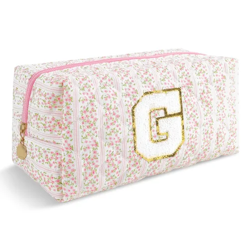 Miniatura 80 de Pequeña bolsa de maquillaje personalizada con inicial A-Z Preppy Patch, bolsa de cosméticos de viaje de felpilla blanca con cremallera, bonita bolsa