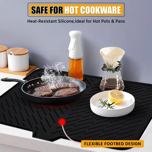 Miniatura 9 de Luxet Alfombrilla de silicona para secar platos con borde de drenaje integrado, almohadilla de secado higiénica, bandeja resistente compacta y fácil