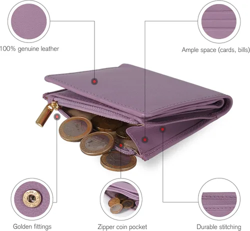 Miniatura 3 de Billetera Oak Leathers para mujer de piel de grano completo - Pequeña con protección RFID, monedero para monedas, tarjetero de crédito y DNI