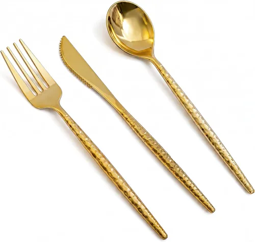 Miniatura 15 de MirthMood - 36 cubiertos de plástico dorados, cubiertos dorados desechables, utensilios desechables resistentes, juego de cubiertos de plástico