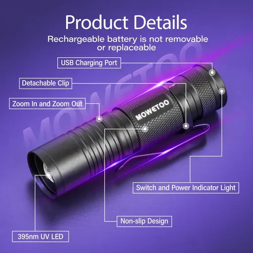 Miniatura 5 de Linterna UV de luz negra recargable, 395nm Mini lámpara de luz negra con zoom Woods, linternas ultravioleta USB portátiles pero potentes