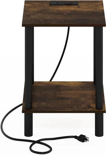 Miniatura 8 de Furinno Turn-N-Tube - Mesa auxiliar cuadrada de 2 niveles con estación de carga, mesita de noche, mesita de noche con puerto USB y tipo C, para sala