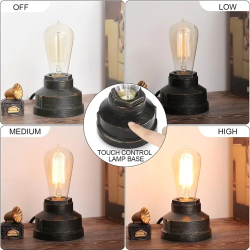 Miniatura 2 de Base de lámpara de mesa pequeña con control táctil, luz táctil industrial, base de bombilla Edison vintage, regulable para mesita de noche, luz