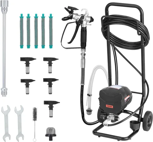VEVOR Pulverizador de pintura sin aire, 650 W, 3000 PSI de alta presión sin aire con carro, cepillo de limpieza, manguera, barra de extensión,