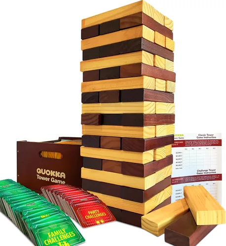 QUOKKA Premier Jumbo Tumble Tower Juego – Juego de apilamiento de bloques para la familia – 2.8 pies | 54 bloques con desafíos divertidos |