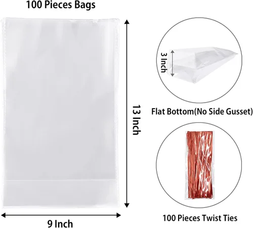 Miniatura 2 de Morepack Bolsas de Celofán de Fondo Plano, 100 Piezas 9x3x13 Pulgadas Bolsas de Celofán Transparentes de Fondo Plano para Dulces con Lazos
