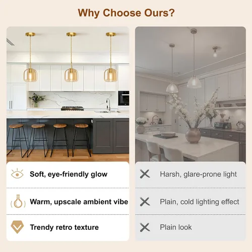 Miniatura 5 de Luces Colgantes de Isla de Cocina - Luz Colgante Dorada, Luces Colgantes de Latón Estilo Granja con Pantalla de Vidrio Ámbar, Luz Colgante Ajustable
