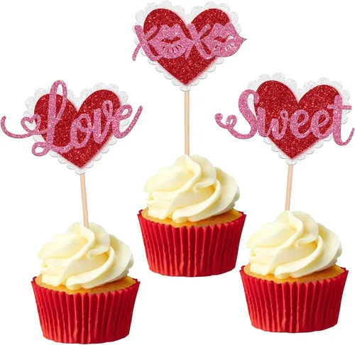 Miniatura 8 de 24 piezas de decoración para cupcakes con purpurina para el día de San Valentín, dulce amor, corazón, Oh Baby para magdalenas, temática del día