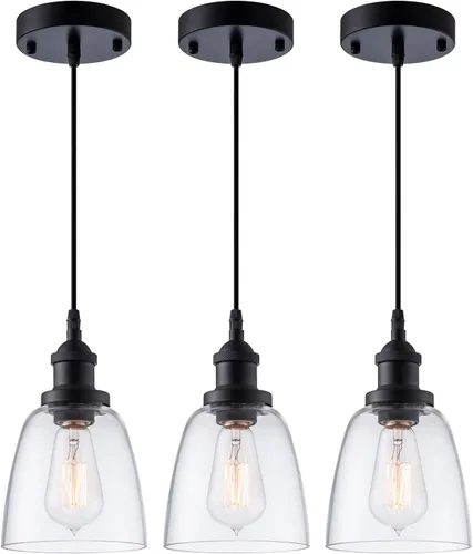Mini lámpara colgante industrial moderna de vidrio transparente ajustable para isla de cocina, comedor, fregadero, negro, 3 paquetes