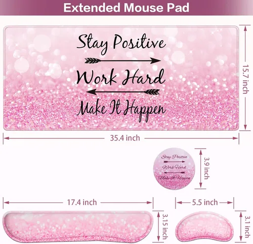 Miniatura 6 de Alfombrilla de ratón rosa, alfombrilla de mouse con soporte de muñeca, juego de 4 en 1: alfombrilla grande+soporte de muñeca para teclado+soporte