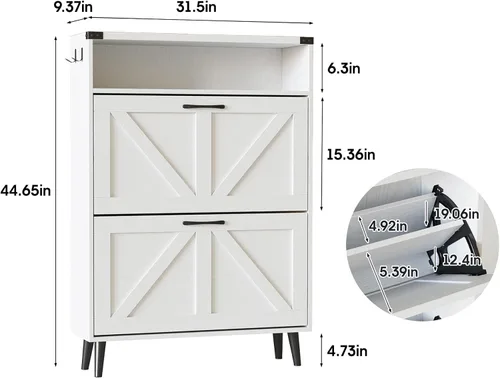 Miniatura 2 de Halitaa - Gabinete para zapatos con 2 cajones abatibles y almacenamiento abierto, gabinete de almacenamiento de zapatos estilo granja para entrada