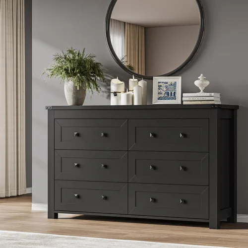 Miniatura 9 de BORNOON Cómoda de 9 cajones, moderna cómoda de almacenamiento de madera, soporte de TV, organizador de cajones de madera con asas de metal