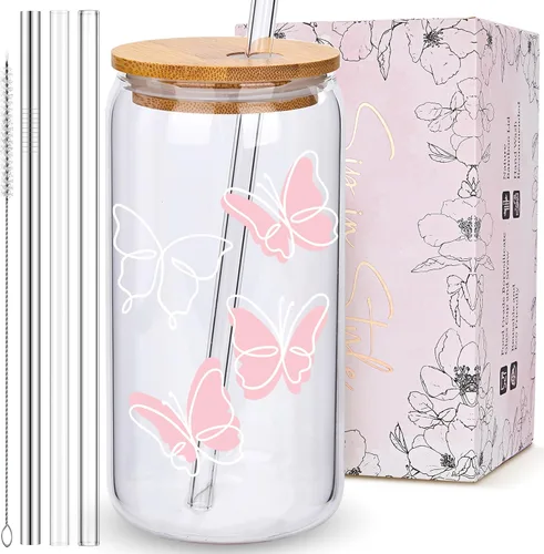 Miniatura 8 de BIPEDS Coquette Tazas de vidrio lindas con moño rosa y tapas y pajitas, taza de café helado estética, taza de diseño preppy femenino, regalos