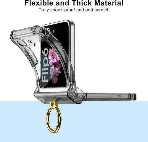 Miniatura 4 de Funda transparente para Samsung Galaxy Z Flip 6, protección de bisagra de lujo con soporte de anillo y protector de pantalla, funda suave todo Negro