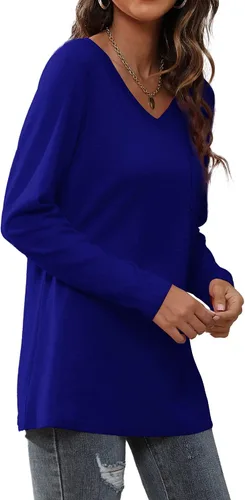 Miniatura 3 de Geifa Blusa de manga larga con cuello en V para mujer, holgada, casual, con bolsillo
