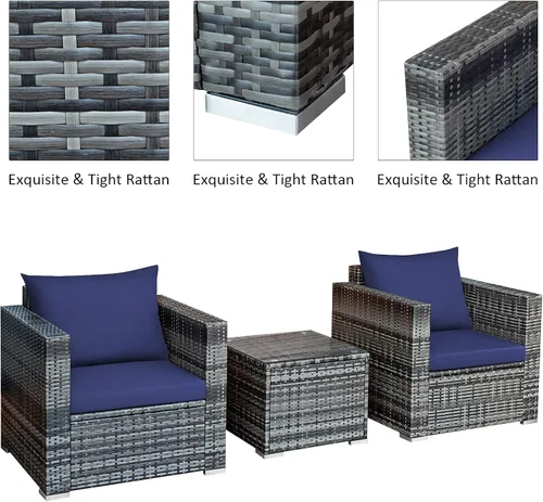 Miniatura 8 de Tangkula Juego de muebles de patio de 3 piezas, juego de sofá de mimbre de ratán PE con cojín lavable y mesa de vidrio templado, muebles de Mezcla