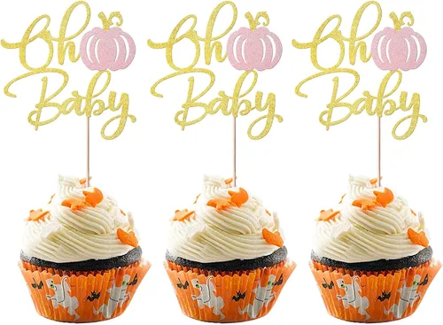 Miniatura 12 de Rsstarxi Paquete de 24 decoraciones de calabaza con purpurina para cupcakes de primer cumpleaños, decoración de pastel de calabaza para el primer