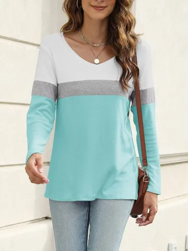 Miniatura 3 de Minetom Camisetas de manga larga con cuello en V para mujer, estilo casual, bloque de colorsólido, camisetas básicas