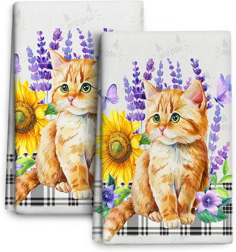 Miniatura 12 de Juego de paños de cocina decorativos estilo Mid Century Modern, lindos paños de cocina absorbentes con gato negro, paños de cocina, paños de mano