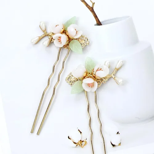 Miniatura 7 de inSowni 5 piezas vintage retro tradicional asiático chino Hanfu perla verde jade flor de pelo peines laterales diapositivas de metal horquillas