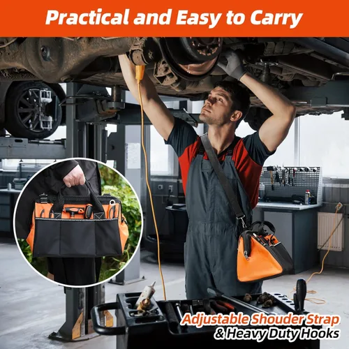 Miniatura 6 de Bolsa de Herramientas de 14'', Organizador de Herramientas con Bolsillo Exterior Grueso Impermeable, Bolsa Resistente con Correa para el Hombro
