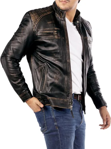 Jild Signature Diamond Style Chaqueta de piel de cordero para hombre - Premium Leather Café Racer Vintage Look Chaqueta de motocicleta para hombre