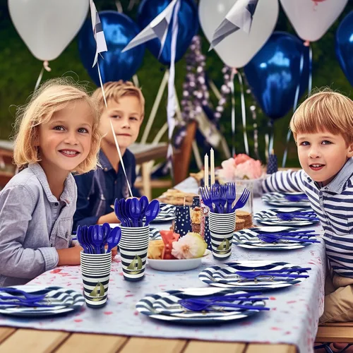 Miniatura 5 de Suministros náuticos para fiesta de cumpleaños para 20 invitados, platos marineros azul marino y dorado, servilletas, tazas y cubiertos, brújula