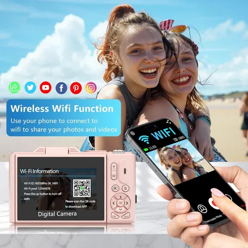 Miniatura 5 de Cámara digital 4K/5K para fotografía y video – Cámara de videoblogs UHD con WiFi, enfoque automático, pantalla giratoria de 3", zoom 18X – Kit Rosa