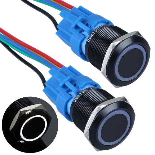 Miniatura 17 de 2 interruptores de botón de bloqueo de 0.748 in de 12 V-24 V, anillo de CC LED 1NO 1NC impermeable botón de metal negro encendido apagado