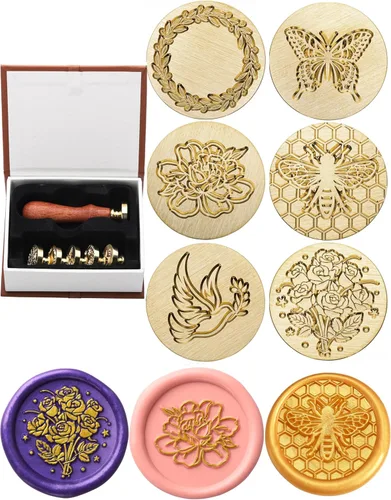 Yoption Kit de Caja de Regalo de Sello de Cera, 6 Piezas de Cabezas de Sello de Cera de Flores y Animales con 1 Juego de Empuñadura de Madera para