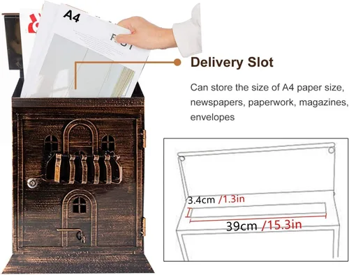 Miniatura 4 de Buzón de sugerencias para negocios, caja de donación, de latón, para montaje en pared, con 2 llaves y cerrada, grande, exterior, impermeable