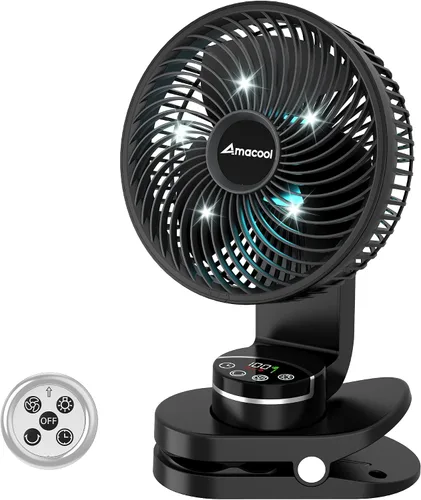 AMACOOL Ventilador de campamento a pilas con luz, ventilador recargable de clip de 20000 mAh con gancho y pantalla digital, 112 horas de