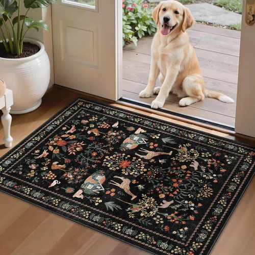 Miniatura 18 de Alfombra de área de 5 x 7 pies para sala de estar, alfombra verde boho antideslizante lavable, alfombra vintage de pelo bajo, alfombra grande