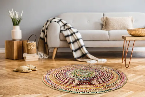 Miniatura 8 de COTTON CRAFT Alfombra de Trapo Chindi Trenzada de Yute y Algodón - Boho Granja Rústica - Tejida a Mano Reversible de Yute Natural y Algodón