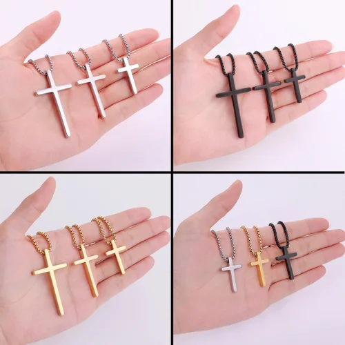 Miniatura 7 de Fiusem Collar con Cruz para Hombre, Collares con Cruz de Hombres en Plata/Oro/Negro con Cadena de Cruz de 2.5mm y Colgante de Cruz de Acero