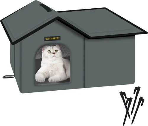 Miniatura 14 de Rest-Eazzzy Casa para gatos al aire libre, resistente a la intemperie y aislada, con alfombrilla y toldo, fácil de poner, refugio para gatos