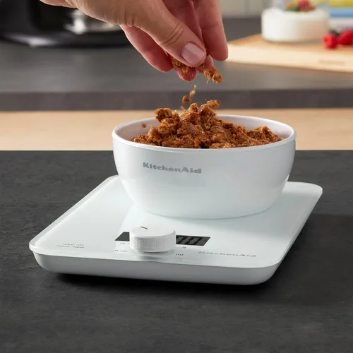 Miniatura 3 de KitchenAid KQ914WH Báscula digital para cocina y alimentos, superficie de vidrio, capacidad de 5 kg, para onzas y gramos de alimentos, ingredientes