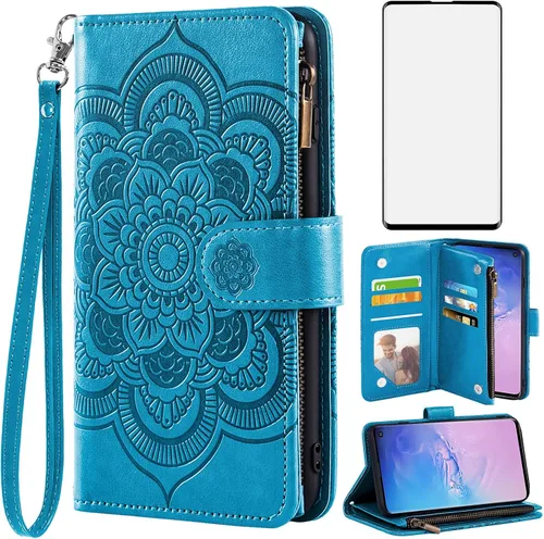 Asuwish Compatible con Samsung Galaxy S10 - Funda tipo cartera y protector de pantalla de vidrio templado, soporte para tarjetas de crédito,