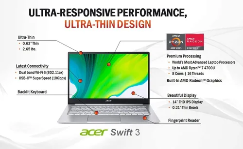 Miniatura 4 de Acer Swift 3 - Computadora portátil delgada y ligera, 14 pulgadas, alta definición, IPS, AMD Ryzen 7 4700U Octa-Core con gráficos Radeon, 8GB