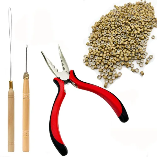 Miniatura 9 de Kit de herramientas de extensiones de cabello, accesorios profesionales de peluquería, 500 piezas de cuentas de micro anillo, 1 alicates de Negro