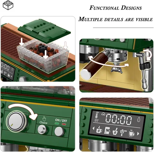 Miniatura 7 de Juego de construcción de máquina de café para adultos 928 piezas: kit de bloques de cafetera de doble cabeza, modelo clásico de colección