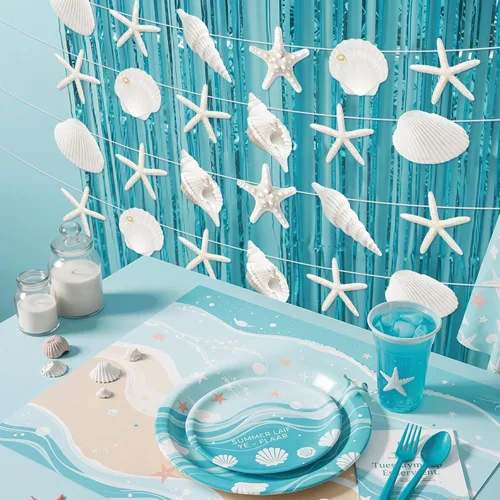 Miniatura 5 de Pajean 40 Pcs Beach Seashell Garland Banner with Pearl Print Starfish Cutouts, Coastal Nautical Hanging Decor for Bridal Shower Wedding Reception